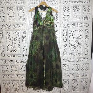 Signature By Robbie Bee Silk Green Brown Beaded Halter Dress Forest Fairy Glam